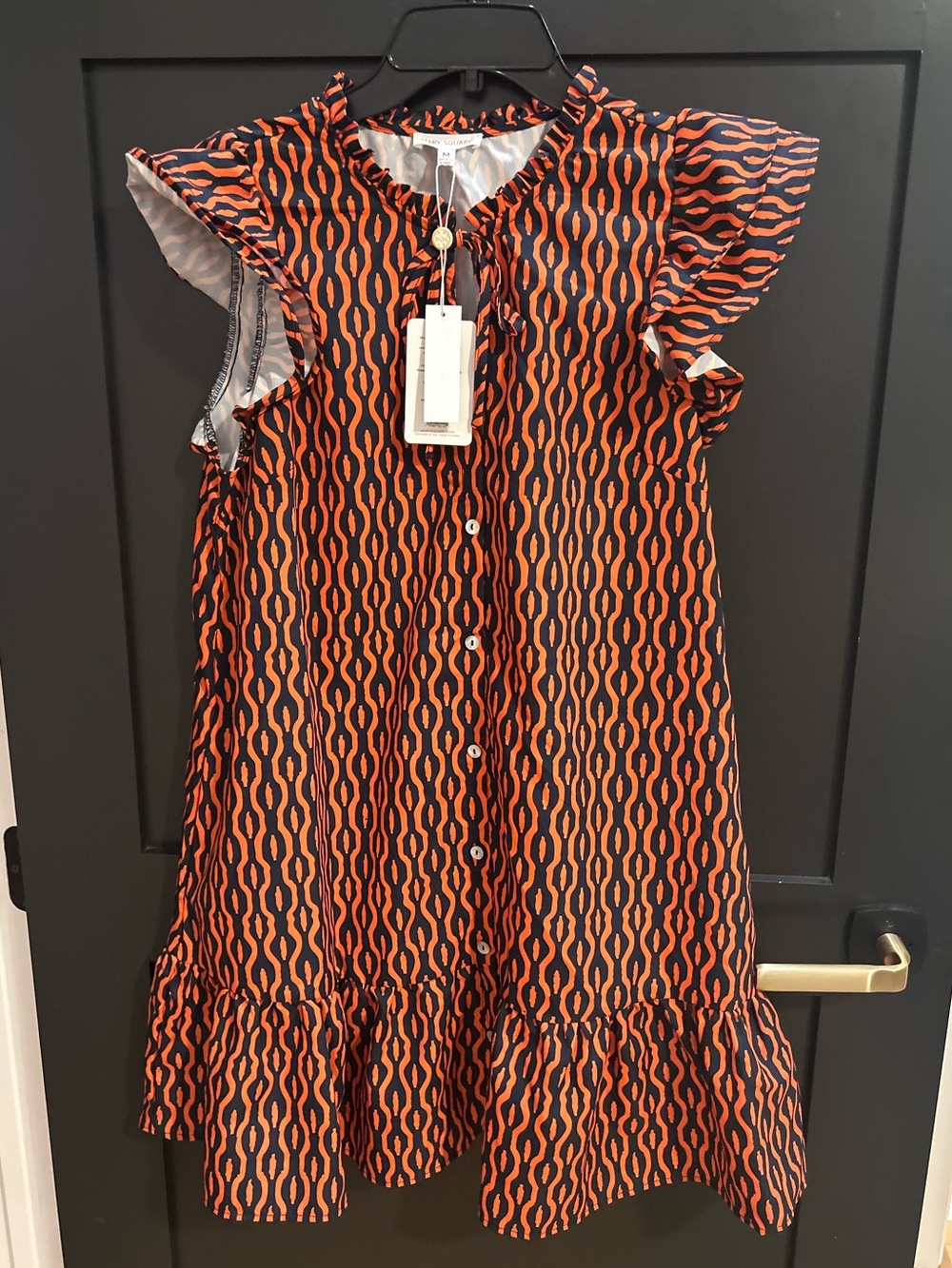 Button-Front Ruffle Sleeve Mini Dress in Orange & Black